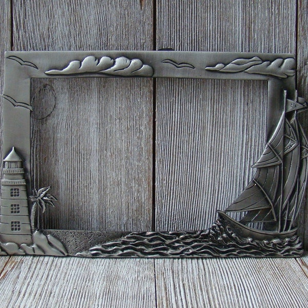 Ornate 4 X 6 Pewter Lighthouse and Ship Frame