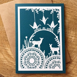 Set of 6 Christmas Peace on Earth Cards, Winter Woodland Papercut Print, A6 Notecards, Paper Crane & Deer Patterned Cards, Blue and Pink bild 1