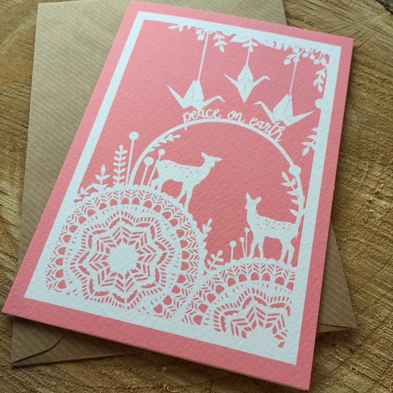 Set of 6 Christmas Peace on Earth Cards, Winter Woodland Papercut Print, A6 Notecards, Paper Crane & Deer Patterned Cards, Blue and Pink bild 4