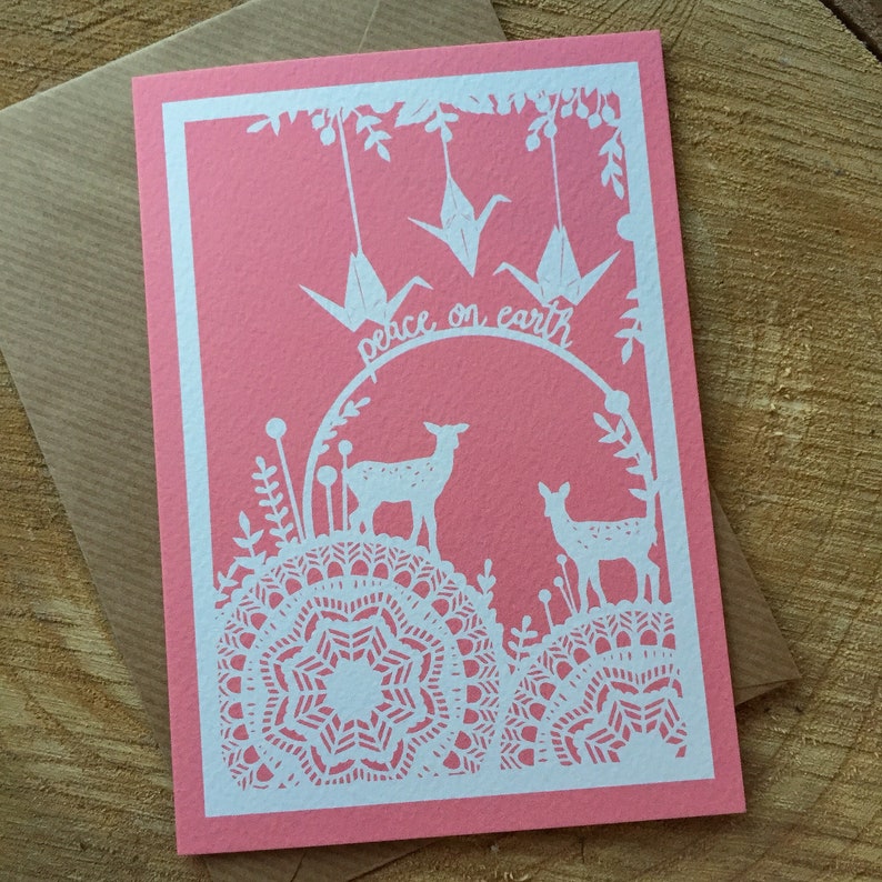 Set of 6 Christmas Peace on Earth Cards, Winter Woodland Papercut Print, A6 Notecards, Paper Crane & Deer Patterned Cards, Blue and Pink bild 3