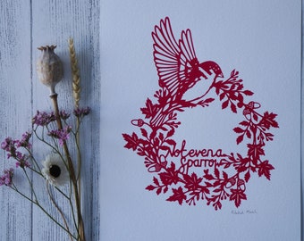 Hand Printed Magenta Screen Print of my 'Not even a Sparrow' Papercut, 10 x 8 inch Original Artwork