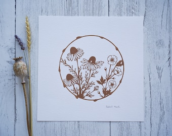 Daisy Papercut Screen Print, 8x8 inch Hand-Printed Wild Flower Picture, Botanical Artwork