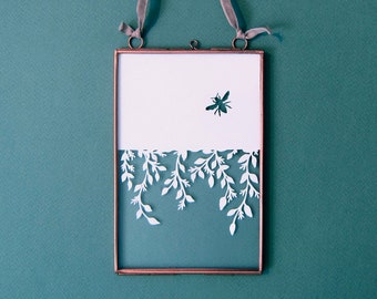 Framed Hand-cut Eucalyptus & Honey Bee Papercut, 6x4 inch Original Botanical Artwork, Bee and Foliage Patterned Home Decor, Delicate Art