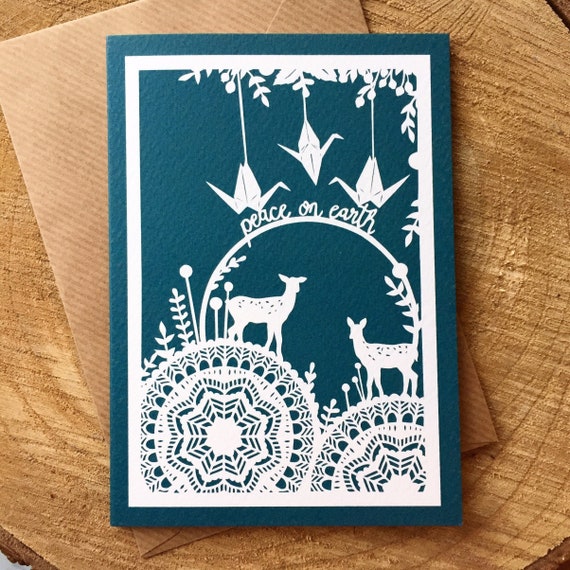Set of 6 Christmas Peace on Earth Cards, Winter Woodland Papercut Print, A6  Notecards, Paper Crane & Deer Patterned Cards, Blue and Pink