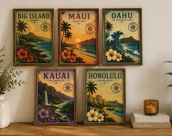 Hawaii Vintage Travel Poster Collection | Printable Wall Art Set | Big Island, Maui, Oahu, Honolulu & Kauai | Instant Download