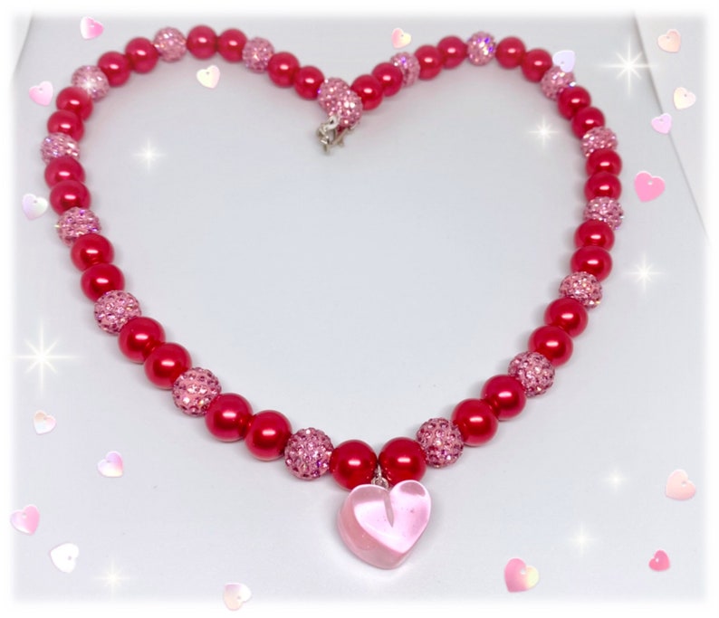 My Kawaii Valentine Red Faux Pearl and Pink Disco Bead Necklace with Pink Resin Heart Charm