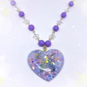 Kawaii Enchanted Moon Castle Resin Heart Pendant Necklace with Purple and Clear Round and Star Beaded Chain