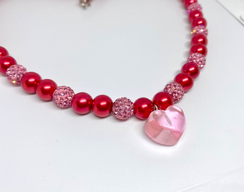 My Kawaii Valentine Red Faux Pearl and Pink Disco Bead Necklace with Pink Resin Heart Charm