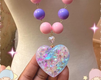 Pink and Purple Gumball and Gold Paperclip Chain Layering Necklace with Pink, Purple, and Blue Holographic Iridescent Resin Heart Pendant