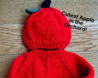 Apple Baby Outfit, Size 0-2T Apple Outfit, Newborn Apple Outfit, Baby Apple Costume, Fall Baby Shower Gift, Apple Hat, Handknit Red Sweater