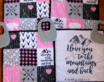 Mountain Minky Blanket, Pink Minky Blankie, Love You to the Mountains and Back Blanket, First Baby Blanket, Mountain Baby Decor, Deer Decor