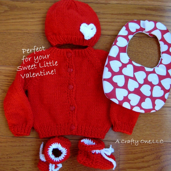 Red Baby Sweater Set, Baby Shower Gift, New Baby Gift,  Valentine Baby Sweater, Sweater Hat Booties, Hand Knit Newborn to 6 Mo Sweater Set