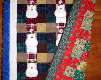 Snowmen Quilt, Christmas Quilt, Hand Applique Snowman Quilt, Flannel Handmade Quilt, Winter Lap quilt Gift, Snowman Christmas Blanket Gift,