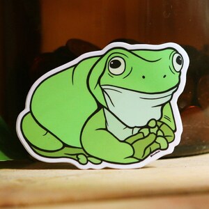 May include: A green frog sticker with a white belly and closed eyes. The frog is sitting on its hind legs with its front legs folded in front of it.