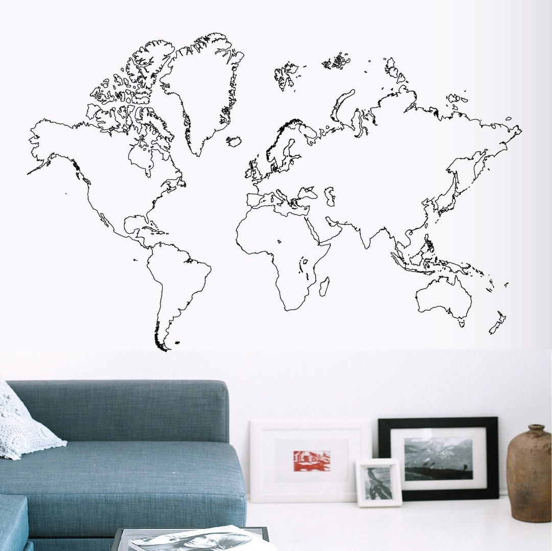 Large Decorative High Detail World Map Outline Wall Sticker Etsy