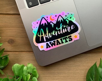 HOLOGRAPHIC Adventure Awaits Sticker | Adventure Sticker | Explore | Water Resistant Vinyl Laptop Stickers | Water Bottle Decals