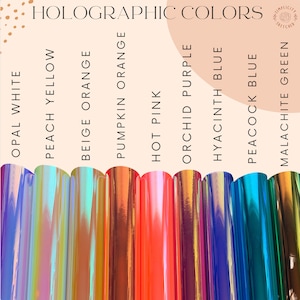 May include: A chart of holographic colors with the names "Opal White", "Peach Yellow", "Beige Orange", "Pumpkin Orange", "Hot Pink", "Orchid Purple", "Hyacinth Blue", "Peacock Blue", and "Malachite Green".