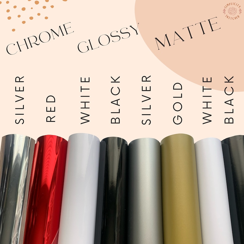 May include: A comparison of chrome, glossy, and matte vinyl in various colors, including silver, red, white, black, gold. The vinyl is arranged in rows, with chrome on top, glossy in the middle, and matte on the bottom.