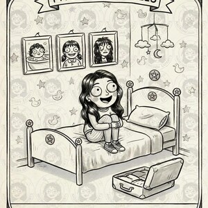 May include: A black and white illustration titled Five of Pentacles featuring a person sitting on a bed in a room with framed photos, a mobile, and wallpaper. An open suitcase sits on the floor. The text reads: economy said no, childhood home said yes.