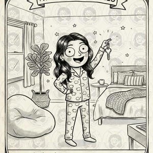 May include: A black and white line art illustration titled Nine of Pentacles featuring a person in sheep-patterned pyjamas holding a key. The scene depicts a bedroom with a bed, a beanbag chair, a potted plant, and the text: single bedroom, no roommates, 10 minute commute.