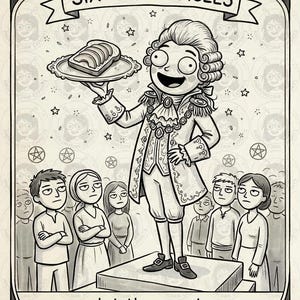 May include: A black and white cartoon illustration of a Six of Pentacles tarot card. A figure in 18th-century attire stands on a pedestal holding a tray with avocado toast. Below, a crowd watches. Text reads: SIX OF PENTACLES and let them eat avocado toast.