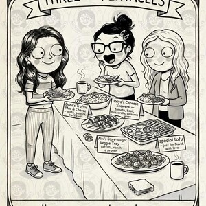 May include: A black and white illustration titled Three of Pentacles featuring three people at a table with various food dishes. Labels identify Dana's Truffle Mac & Cheese, Priya's Caprese Skewers, Alex's Store-bought Veggie Tray, and special tofu. Text reads: all you can eat, as long as you brought something.