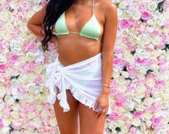 The White Short Frill Ruffle Sarong, White Wrap Sarong, Sheer White Sarong, White Skirt Wrap, White Beach Skirt, White Tie Skirt
