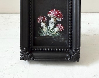 ACEO Red Mushrooms Acrylic Painting, Framed Still Life Nature Artwork