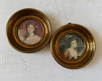 Vintage Midcentury Cameo Creation Gold Tone Framed Miniature Round Portrait of Cecile Volage by J.B Greuze & Lady Hamilton by George Romney