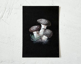 ACEO Original Acrylic Mushroom Nature Moody Painting Mushroom Amanila Muscaria Artist Trading Card