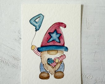 ACEO Original Watercolor Painting on Paper Gnome USA Independence Day 4th of July Painting