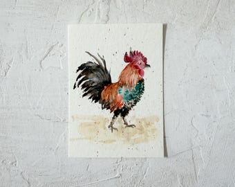 ACEO Original Watercolor Art Rooster Chicken Signed by Artist