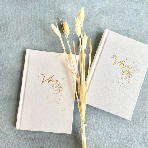 Velvet Suede Hardcover Vow Books With Gold Foil Letterpress His & Hers - pure white - Perfect For Weddings And Anniversaries - Set of 2