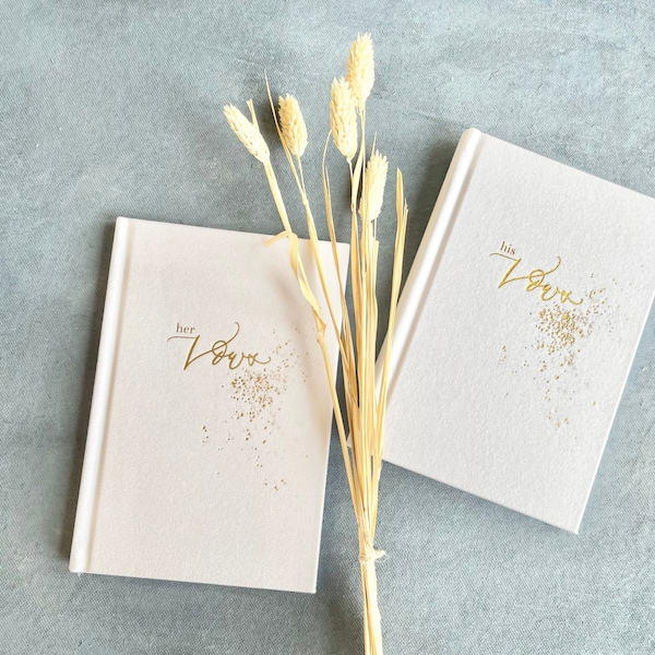 Velvet Suede Hardcover Vow Books With Gold Foil Letterpress His & Hers - pure white - Perfect For Weddings And Anniversaries - Set of 2