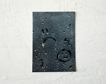 Sad Face Rainy Window Art ACEO Painting (2.5x3.5)