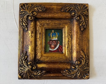 Vintage Mini Chunky Giltwood Frame Oil Painting on Board Wall Art in Thick Gold Frame Monkey Painting Home Decor Anthropomorphic Miniature