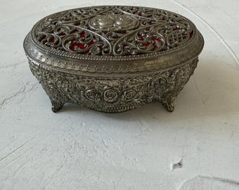 Vintage Victorian Antique Roses Ornate Footed Metal Trinket Jewelry Box Wedding Ring Box with Red Velvet Liner