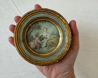 Vintage Florentia Small Round Pictures The Musette Shepherdess Sleeping Boucher Louvre Paris Italy Florentine Gold Florentine Italian Art