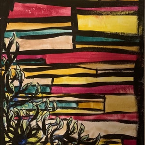 May include: Abstract painting with a black border. The artwork features horizontal bands of color, including yellow, pink, teal, and beige, separated by black lines. A floral element with black leaves and a blue center is in the lower left corner.