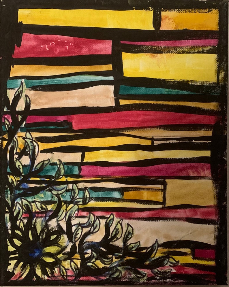 May include: Abstract painting with a black border. The artwork features horizontal bands of color, including yellow, pink, teal, and beige, separated by black lines. A floral element with black leaves and a blue center is in the lower left corner.