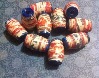 10 Chunky Paper Beads. Hand Made, Rolled, and Glazed.