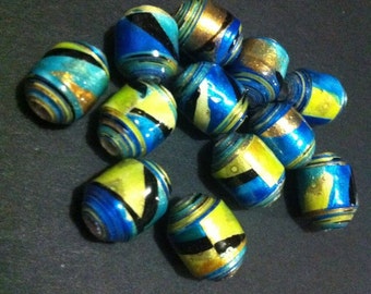 12 Paper Beads. Hand made, rolled and glazed.