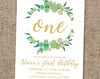Eucalyptus and Gold First Birthday, Vines and Gold First Birthday, Watercolor Floral First Birthday Invitation
