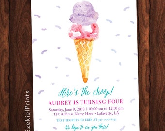 Ice Cream Birthday Party Invitation, Here's the Scoop, Ice Cream Shoppe Birthday Invitation, Ice Cream Cone