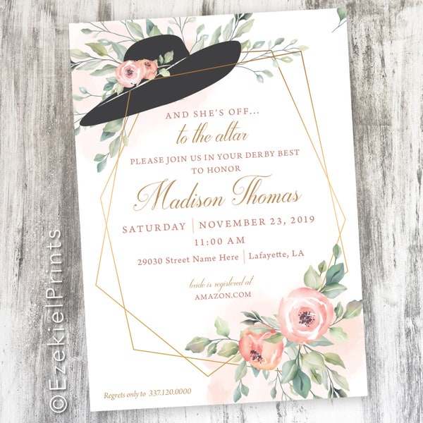 Kentucky Derby Bridal Shower Invitation, Derby Hat Invitation, Derby Shower Invitation, Bridal Party Derby Theme, Derby Floral Invitation