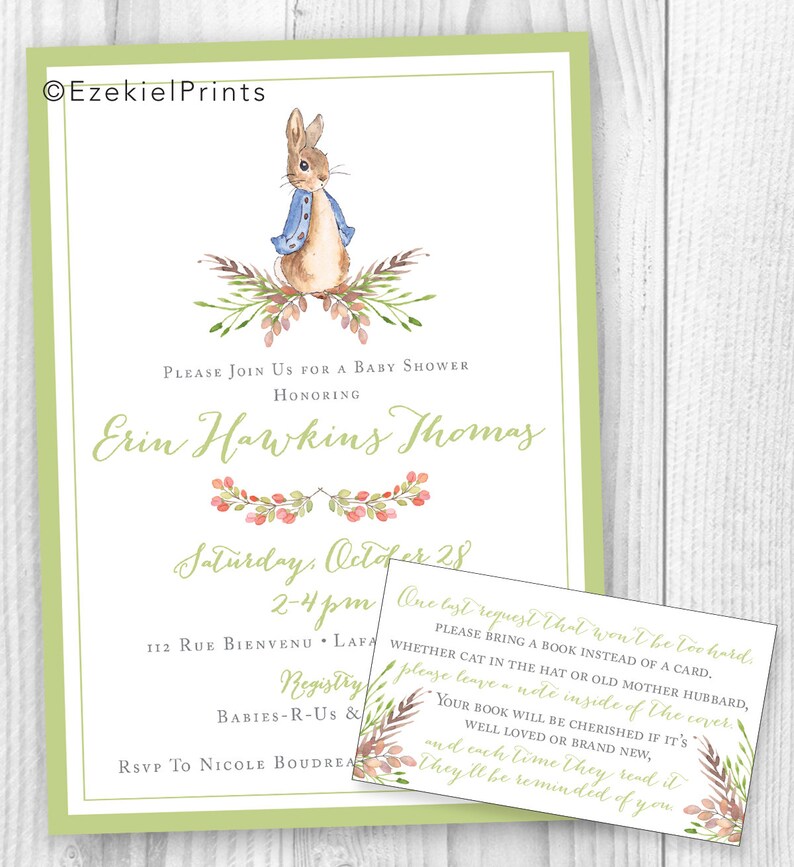 Peter Rabbit Girl or Boy Baby Shower Printable Invitation { Blue or Pink or Green } { Script } { Beatrix Potter } image 4