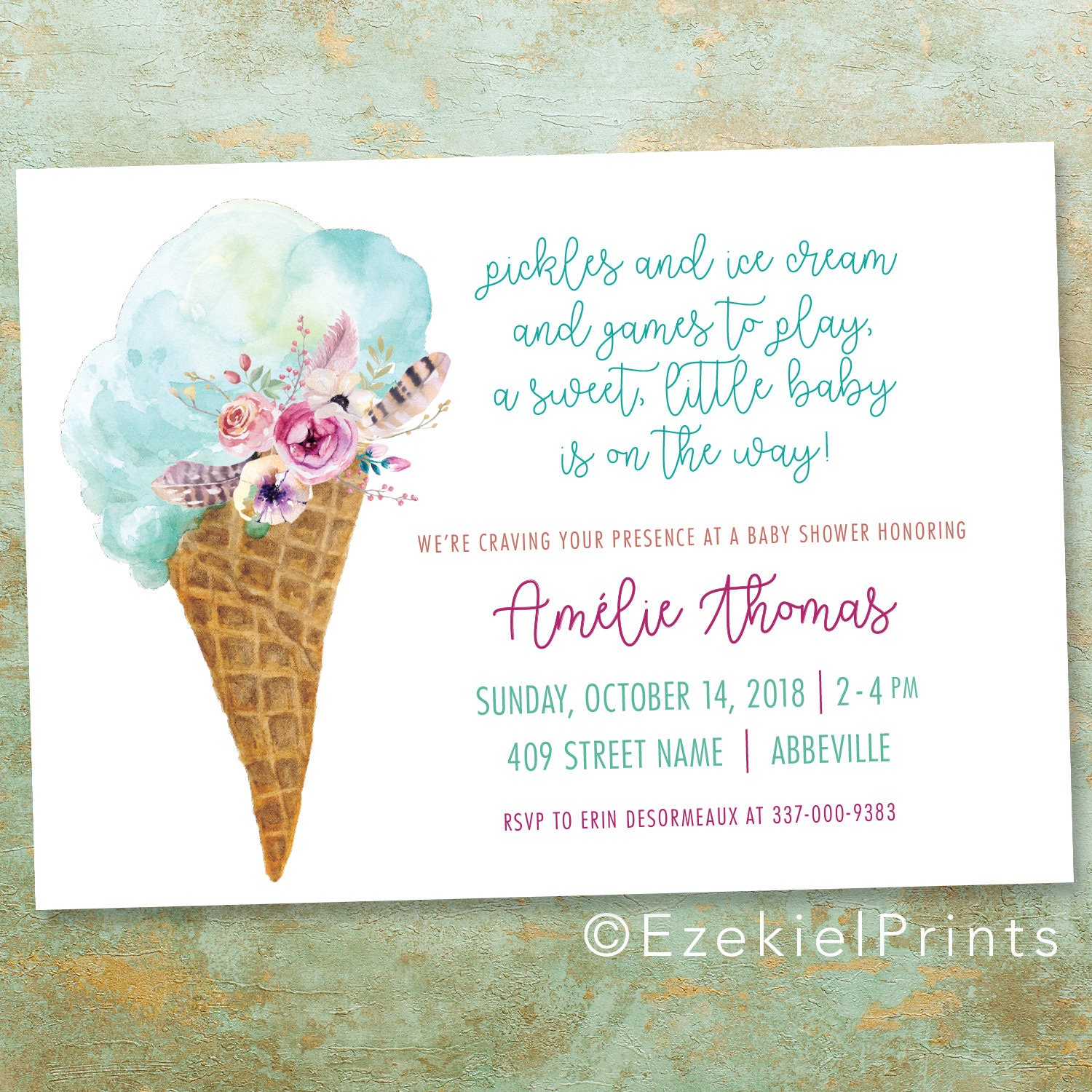 Pickles and Ice Cream Cone Baby Shower Printable Invitation Etsy