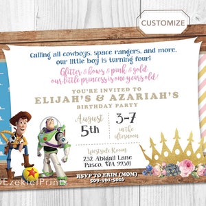 Double Birthday Invitation, Combined Birthday, Brother and Sister Birthday Invitation, Dual Themes, Toy Story Party, Princess Party