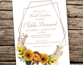 Sunflower Floral Bridal Shower Invitation, Geometric Floral, Watercolor Floral, Watercolor Sunflower, Sunflower Party
