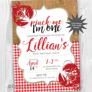 Pinch Me I&#39;m ONE Crawfish Birthday Party Invitation { Southern } { Crawfish } { First Birthday } { Red Gingham }